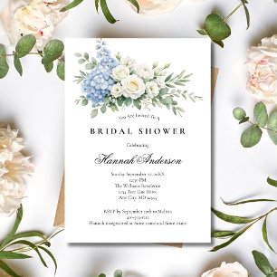 Dusty Blue White Rose Floral Elegant Bridal Shower Invitation