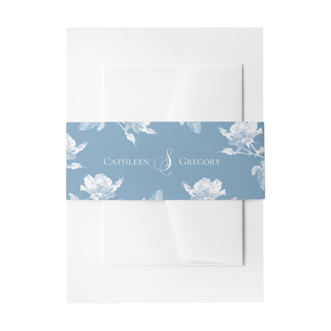 Dusty Blue White Roses Floral Wedding  Invitation Belly Band (Front Example)