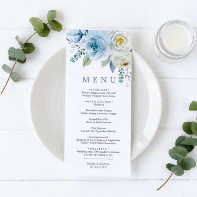 Dusty Blue & White Roses Floral Wedding Menu (Creator Uploaded)