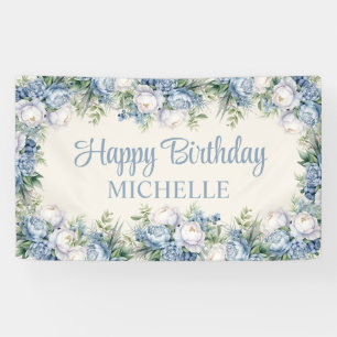 Dusty Blue White Roses Happy Birthday Script Banner
