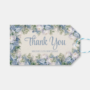 Dusty Blue White Roses Happy Birthday Script Gift Tags