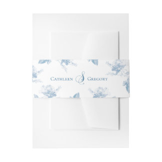 Dusty Blue White Roses Minimalist Wedding Invitation Belly Band