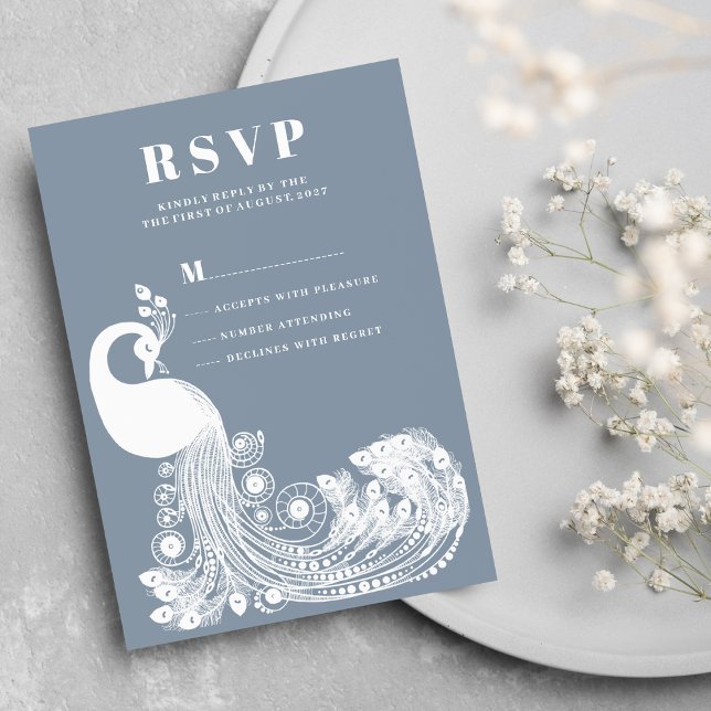 Dusty blue white royal peacock elegant RSVP Invitation (Dusty blue white royal peacock elegant RSVP)