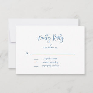 Dusty Blue White Script Wildflower Wedding RSVP 