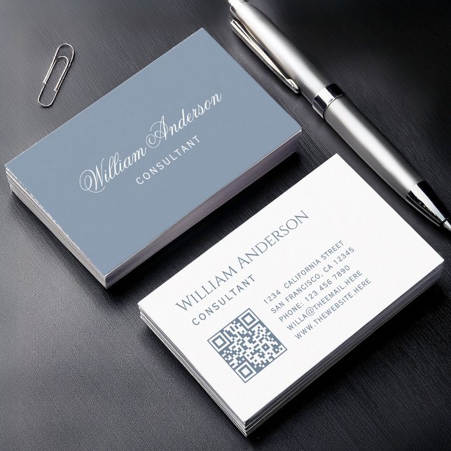 Dusty Blue White Simple QR Code and Calligraphy  Business Card (Creator Uploaded)