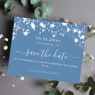 Dusty blue white star wedding budget save the date flyer
