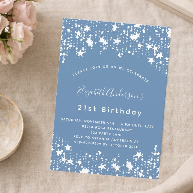 Dusty blue white stars birthday party invitation (Creator Uploaded)