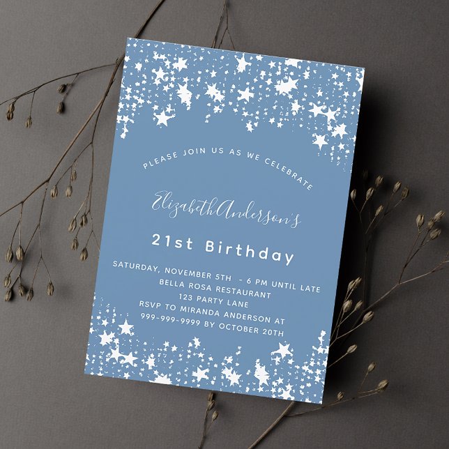Dusty blue white stars birthday party invitation postcard (Creator Uploaded)