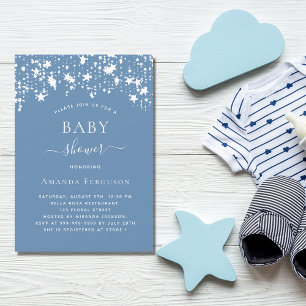 Dusty blue white stars boy baby shower invitation postcard