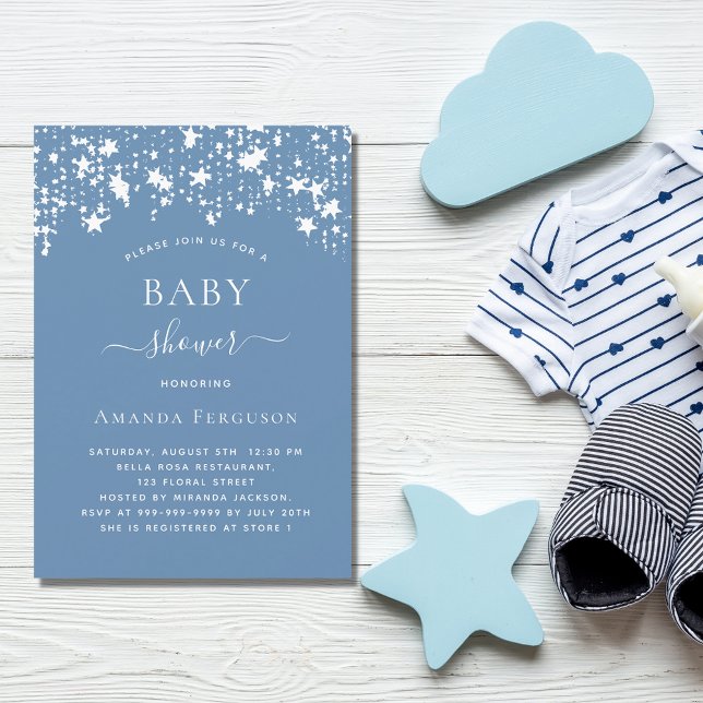 Dusty blue white stars boy baby shower invitation postcard (Creator Uploaded)
