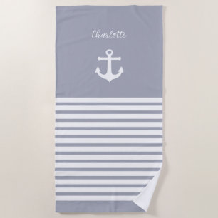 Dusty Blue White Stripes Nautical Personalised Beach Towel
