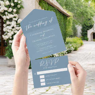 Dusty Blue White Typography Coastal Wedding All In One Invitation