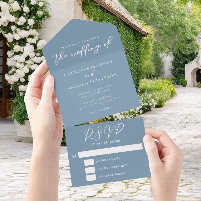 Dusty Blue White Typography Coastal Wedding All In One Invitation (Creator Uploaded)