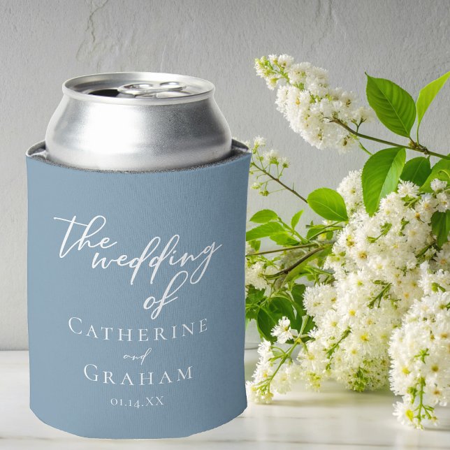 Dusty Blue White Typography Coastal Wedding Can Cooler (Creator Uploaded)