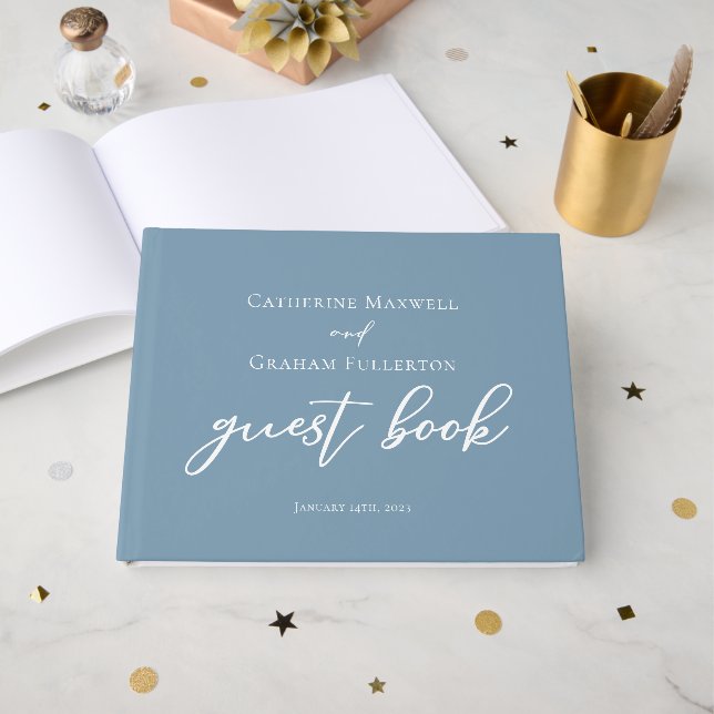 Dusty Blue White Typography Coastal Wedding Guest Book (Front Open)