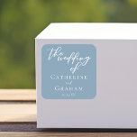Dusty Blue White Typography Coastal Wedding Square Sticker<br><div class="desc">This dusty blue sticker exudes tranquillity for a summer coastal wedding by the sea. Personalise these light grey blue stickers with elegant minimalist typography to match your serene bridal colour scheme.</div>