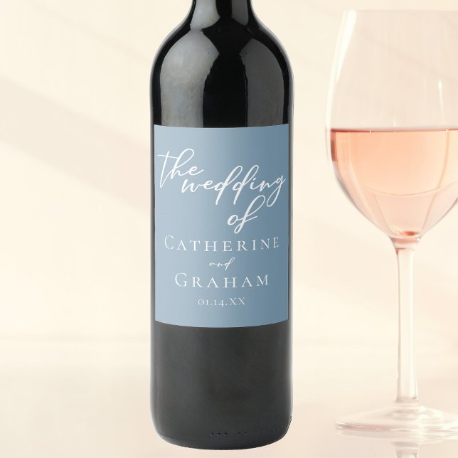 Dusty Blue White Typography Coastal Wedding Wine Label (Creator Uploaded)