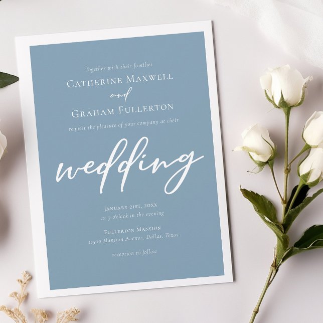 Dusty Blue White Typography Summer Wedding Invitation (Creator Uploaded)