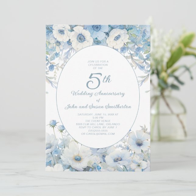 Dusty Blue White Watercolor Floral 5th Anniversary Invitation (Standing Front)