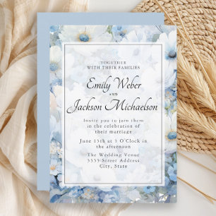 Dusty Blue White Watercolor Floral Wedding  Invitation