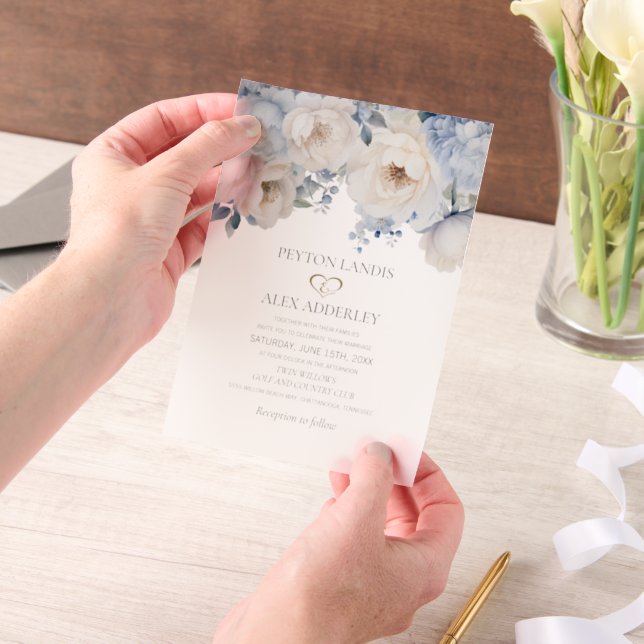 Dusty Blue White Watercolor Floral Wedding  Vellum Invitations (Handheld)