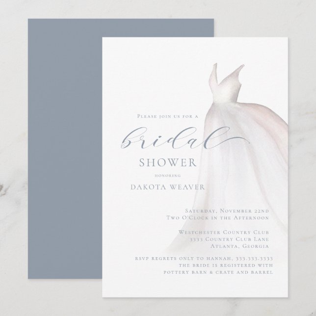 Dusty Blue White Wedding Dress Bridal Shower Invitation (Front/Back)