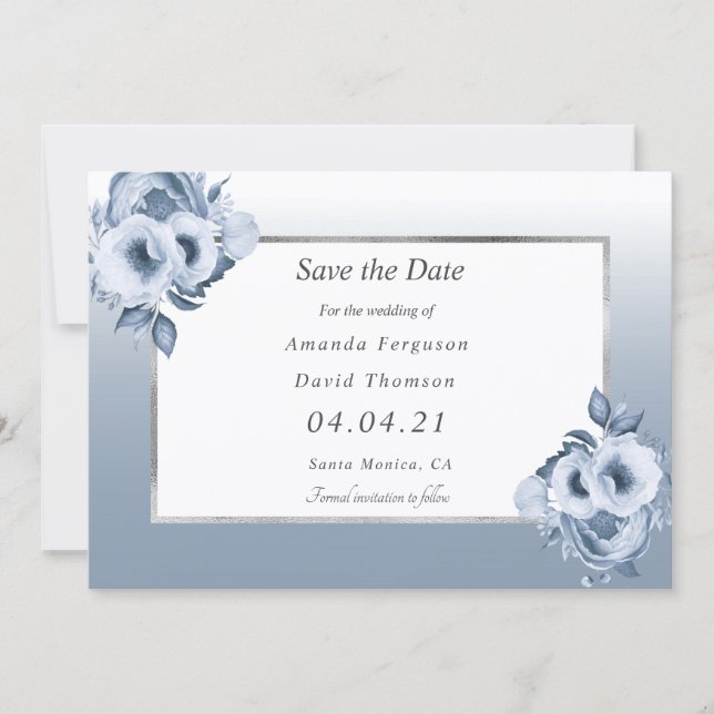 Dusty blue white wedding florals Save the Date Announcement (Front)
