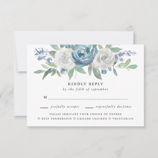 Dusty Blue & White Wedding Meal Choice RSVP (Front)