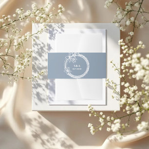 Dusty Blue White Wedding Monogram Floral Invitation Belly Band