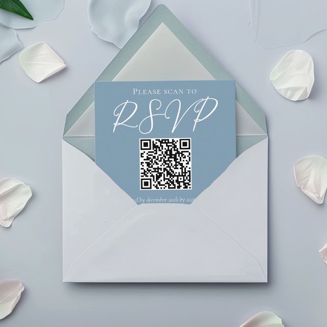 Dusty Blue White Wedding QR Code RSVP Enclosure Card (Creator Uploaded)