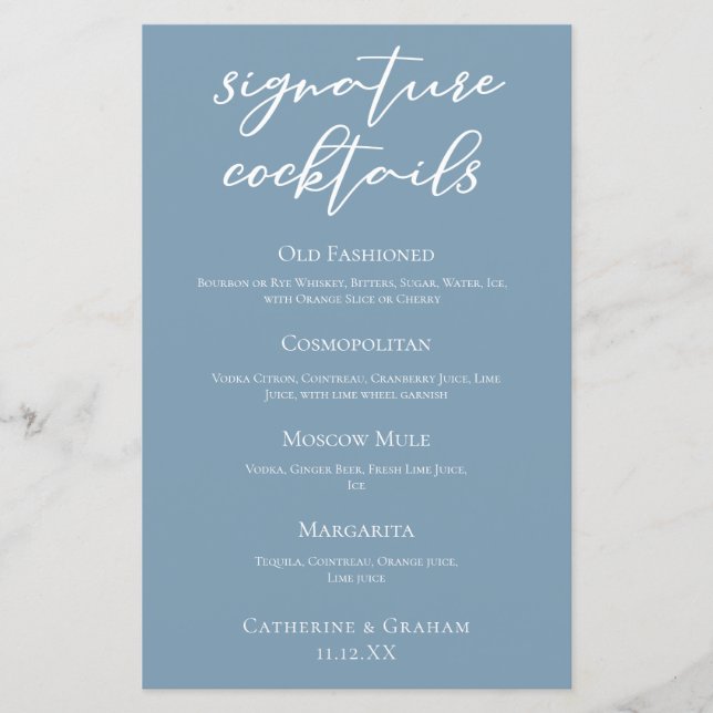 Dusty Blue White Wedding Signature Cocktails Menu (Front)