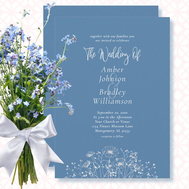 Dusty Blue White Wildflower QR Code Photo Wedding Invitation (Creator Uploaded)
