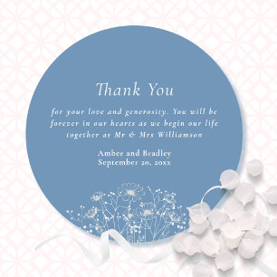 Dusty Blue White Wildflower Wedding Thank You   Classic Round Sticker
