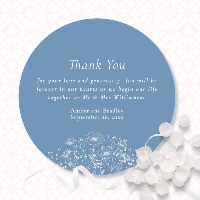 Dusty Blue White Wildflower Wedding Thank You   Classic Round Sticker (Creator Uploaded)