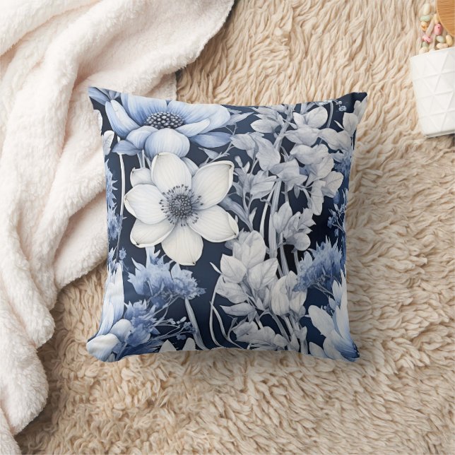 Dusty Blue White Winter Flowers Navy Cushion (Blanket)