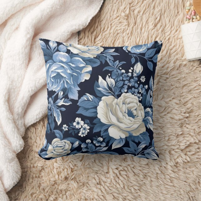 Dusty Blue White Winter Roses Navy Cushion (Blanket)