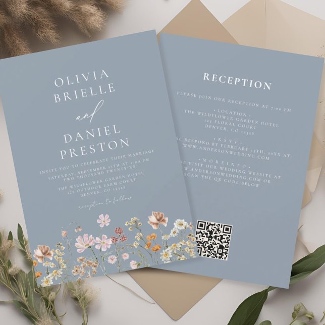 Dusty Blue Wildflower All in One QR Code Wedding Invitation (Creator Uploaded)