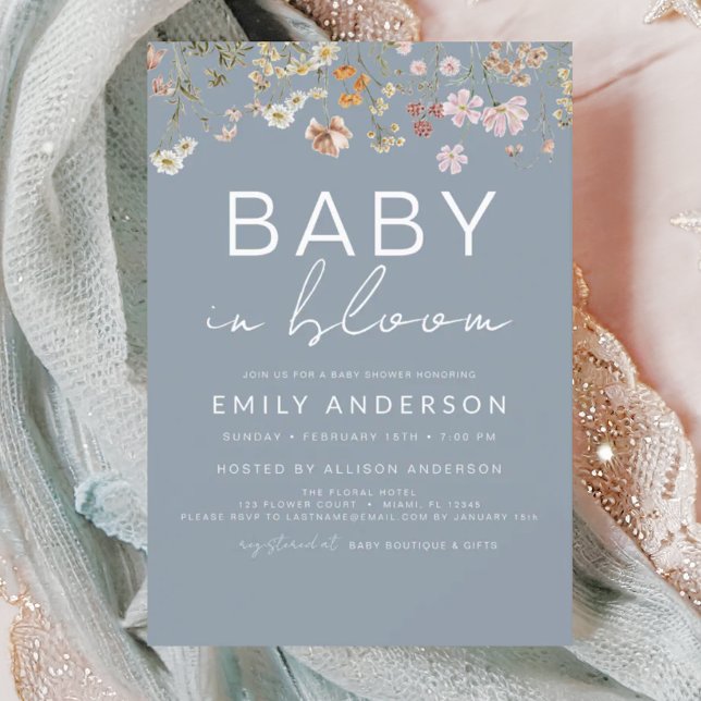 Dusty Blue Wildflower Baby in Bloom Baby Shower Invitation (Creator Uploaded)