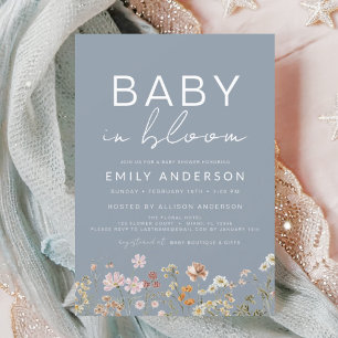 Dusty Blue Wildflower Baby in Bloom Baby Shower Invitation