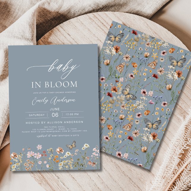 Dusty Blue Wildflower Baby in Bloom Baby Shower Invitation (Creator Uploaded)