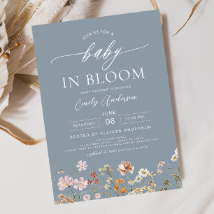 Dusty Blue Wildflower Baby in Bloom Baby Shower Invitation