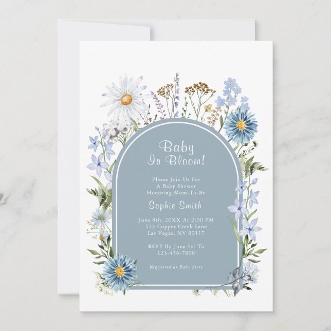 Dusty Blue Wildflower Baby In Bloom Baby Shower  Invitation (Front)