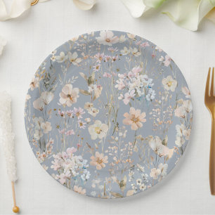 Dusty Blue Wildflower Baby Shower  Paper Plate