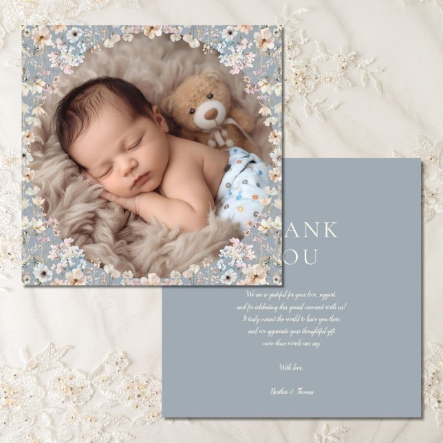 Dusty Blue Wildflower Baby Shower Photo Thank You Card (Creator Uploaded)
