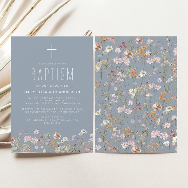 Dusty Blue Wildflower Baptism Garden In Bloom  Invitation (Creator Uploaded)