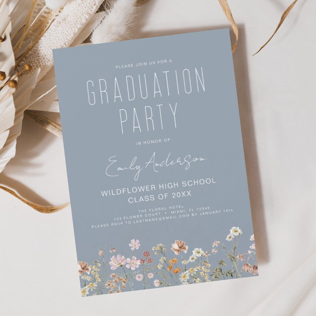 Dusty Blue Wildflower Bloom Graduation Party Boho Invitation (Creator Uploaded)