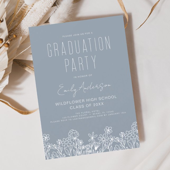 Dusty Blue Wildflower Bloom Graduation Party Boho Invitation (Creator Uploaded)