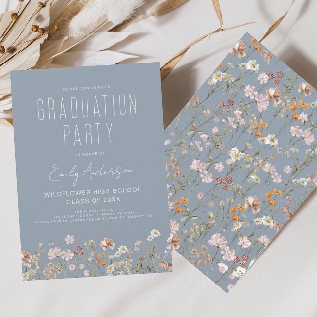 Dusty Blue Wildflower Bloom Graduation Party Boho Invitation (Creator Uploaded)
