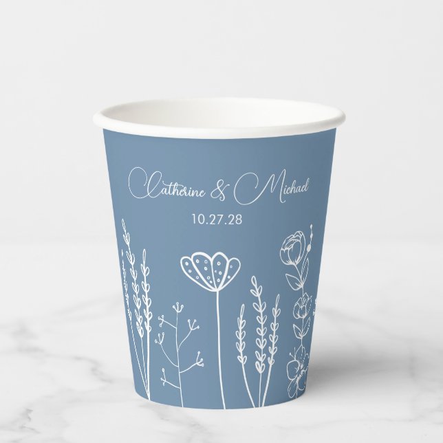 Dusty Blue Wildflower Bohemian Wedding Paper Cups (Front)