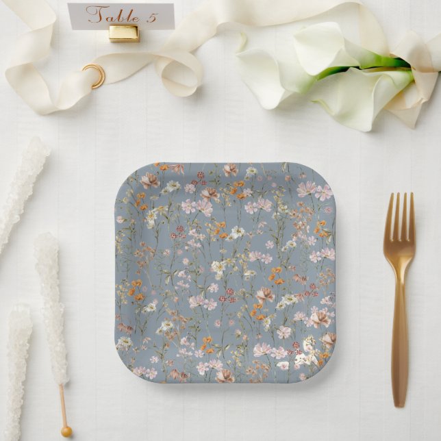 Dusty Blue Wildflower Boho Baby Shower In Bloom Paper Plate (Wedding)